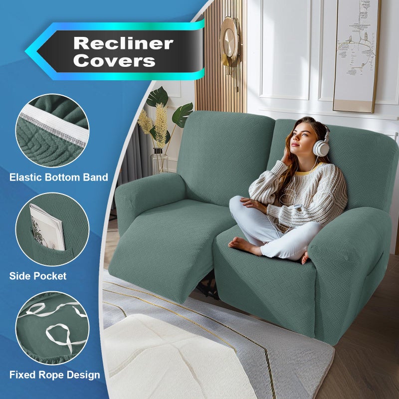 JIVINER 4 Pieces Recliner Loveseat Covers Stretch Recliner Sofa Slipcover with Elastic Bottom Jacquard Fitted Reclining Couch Cover Furniture Protector with Pockets (2 Seater  Pea Green) - Image 3